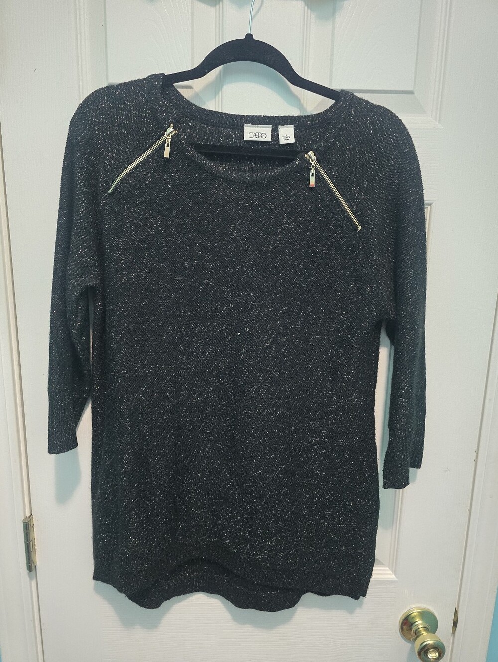 Cato Black Metallic Knit Sweater with Gold Zipper Accents